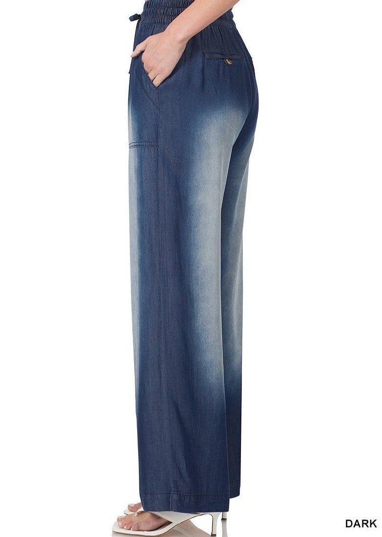 Dark Blue CHAMBRAY DRAWSTRING WIDE LEG PANTS KF