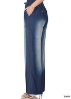 Dark Blue CHAMBRAY DRAWSTRING WIDE LEG PANTS KF