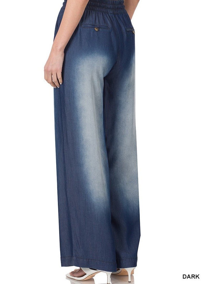 Dark Blue CHAMBRAY DRAWSTRING WIDE LEG PANTS KF