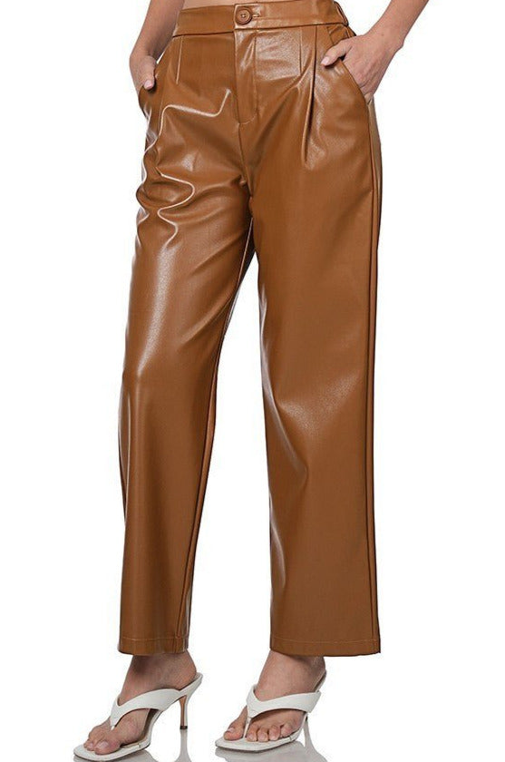 Dark Caramel FAUX LEATHER HIGH WAIST PANTS Kabayare