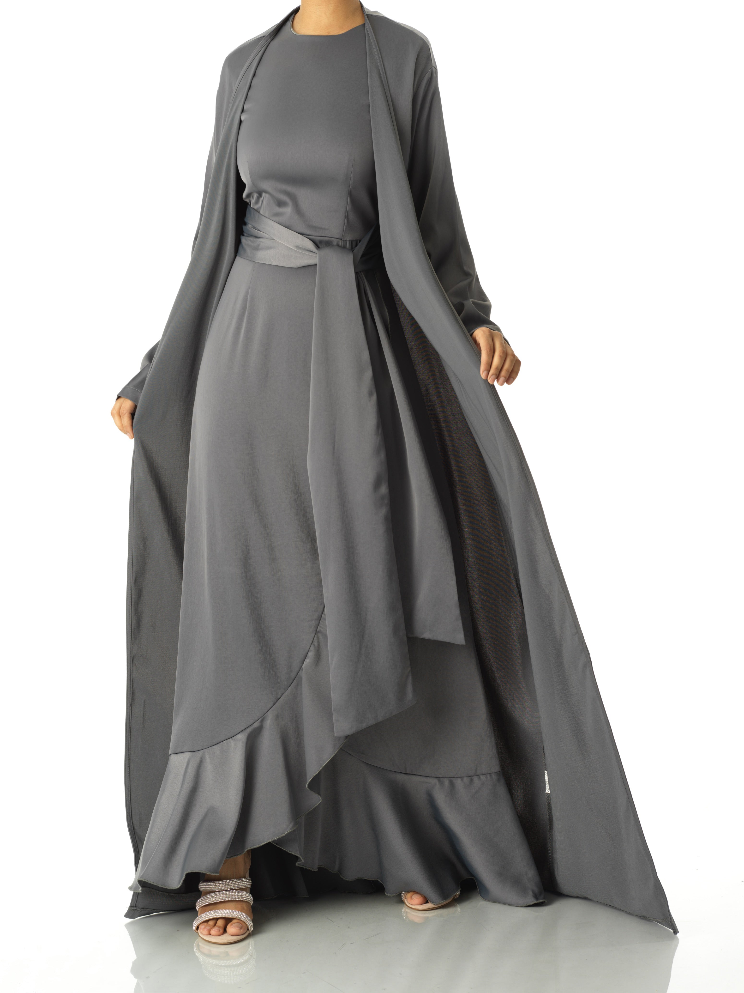 Dark Gray Princess Jasmine satin kimono two-piece set Kabayare