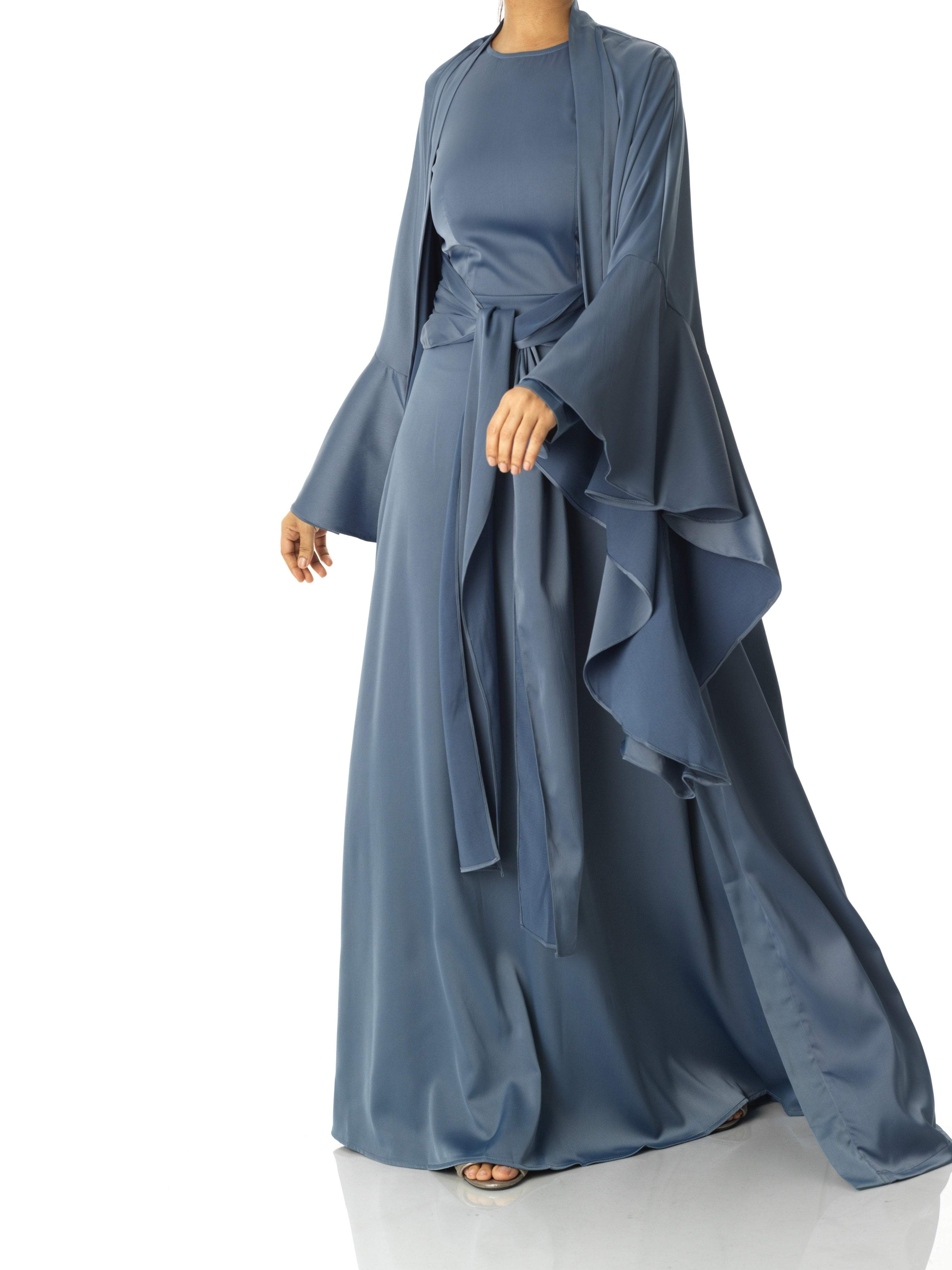 Dusty Blue Abaya queen satin kimono two-piece set Kabayare