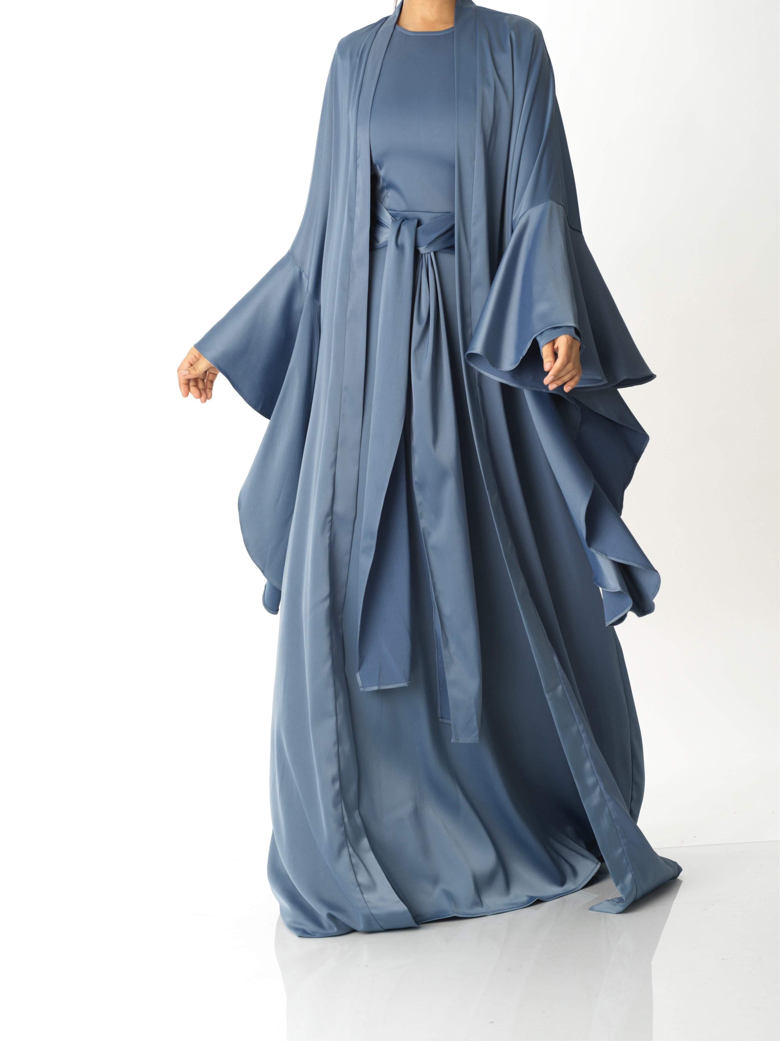 Dusty Blue Abaya queen satin kimono two-piece set Kabayare