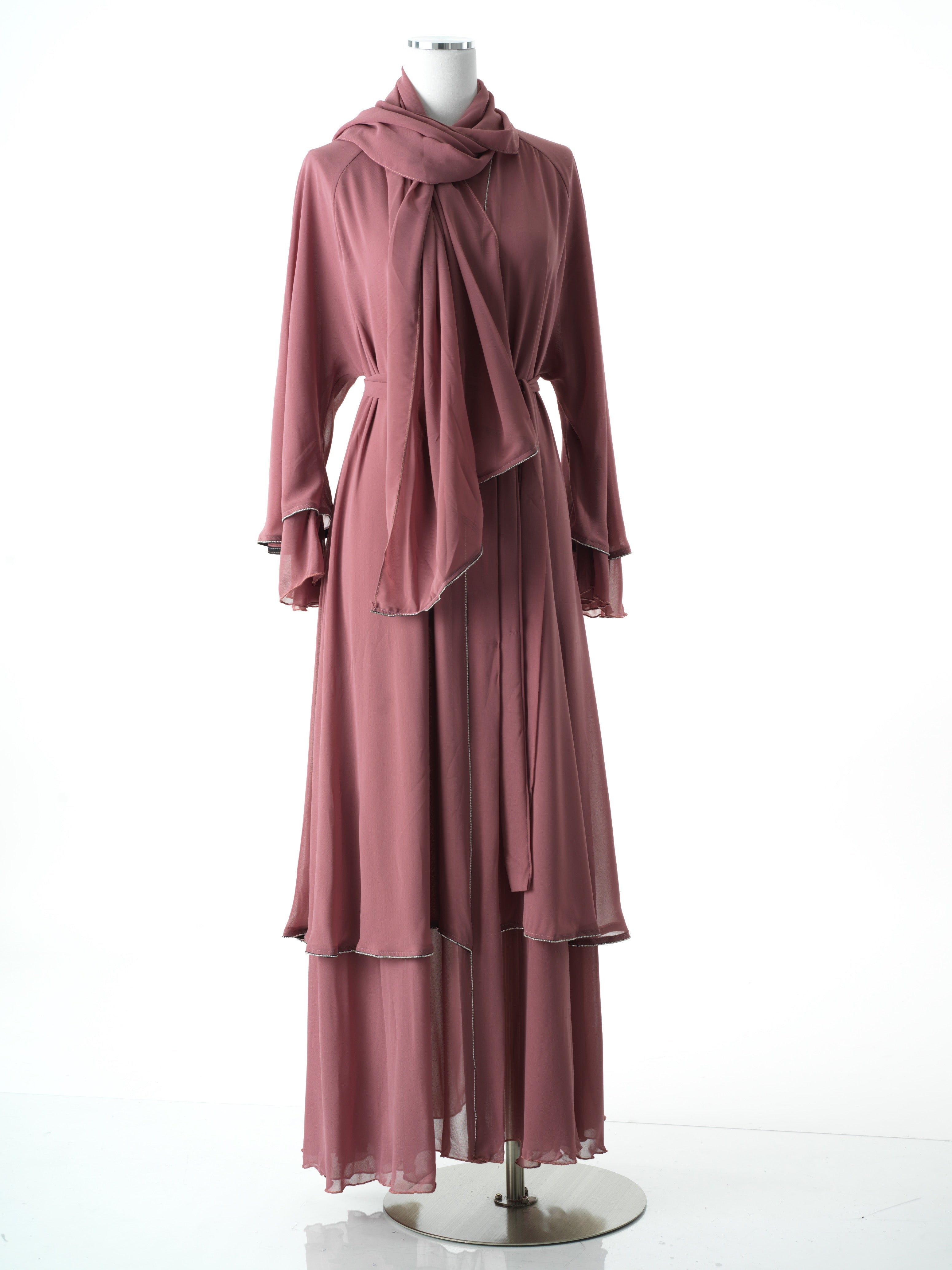 Dusty Rose tiered chiffon abaya Kabayare