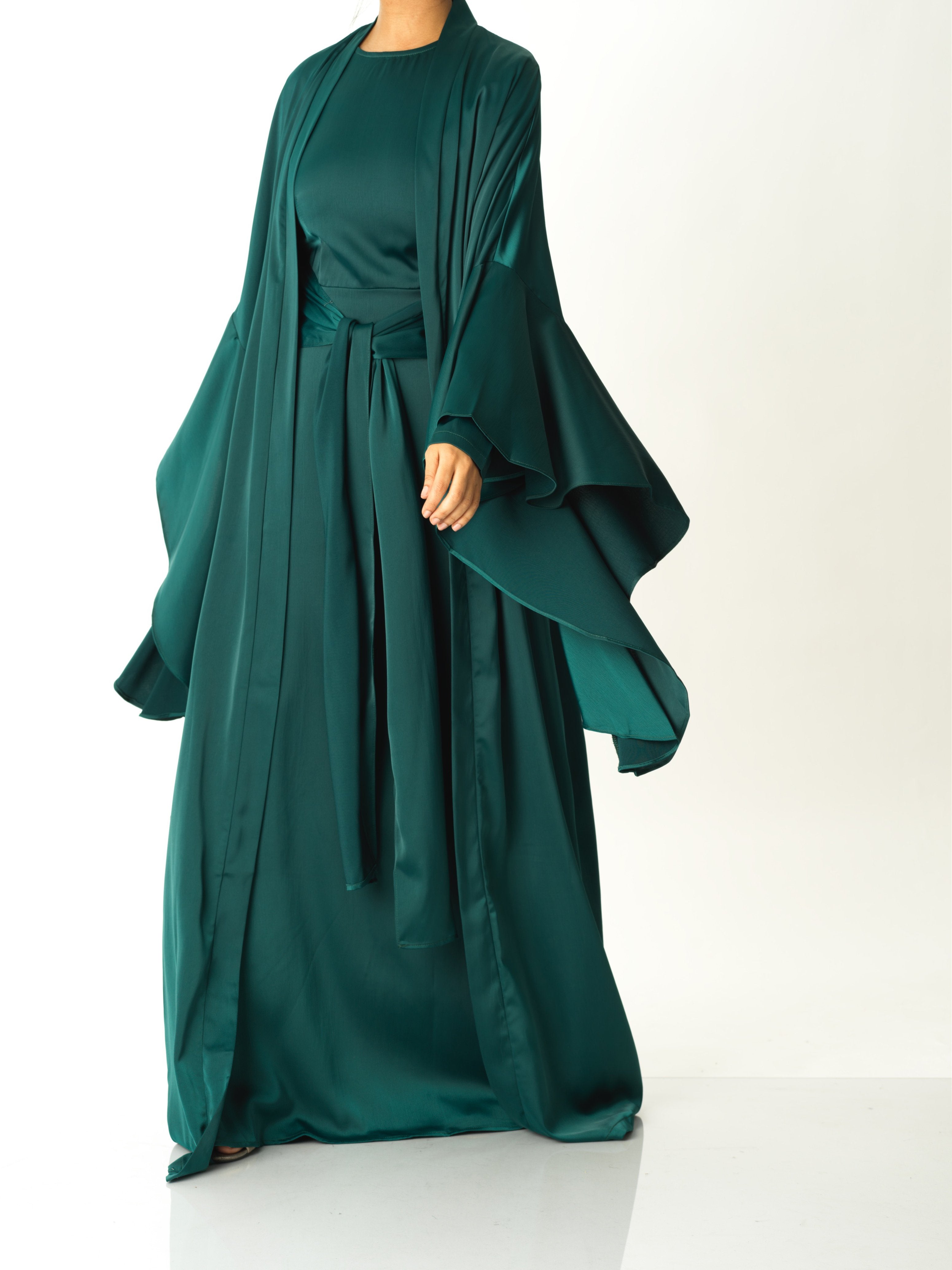 Emerald Green Abaya queen satin kimono two-piece set Kabayare