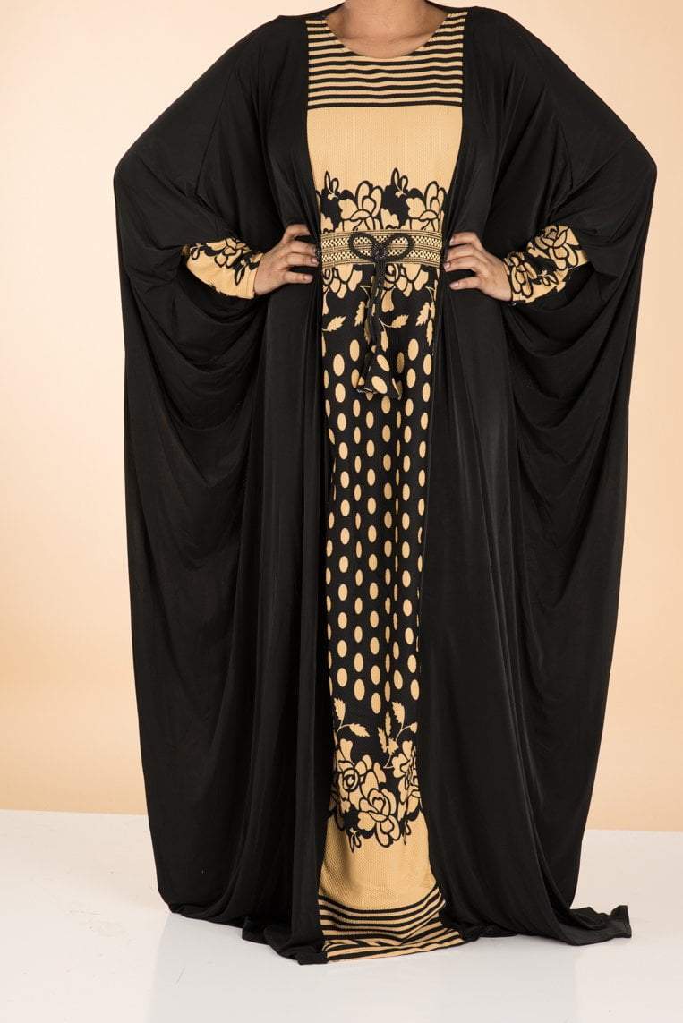 floral and Dots Butterfly Jersey Abaya Kabayare