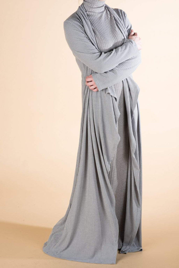 Gray Draped Ribbed Maxi Cardigan Kabayare