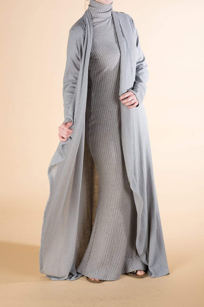 Gray Draped Ribbed Maxi Cardigan - Kabayare Fashion (5319156367509)