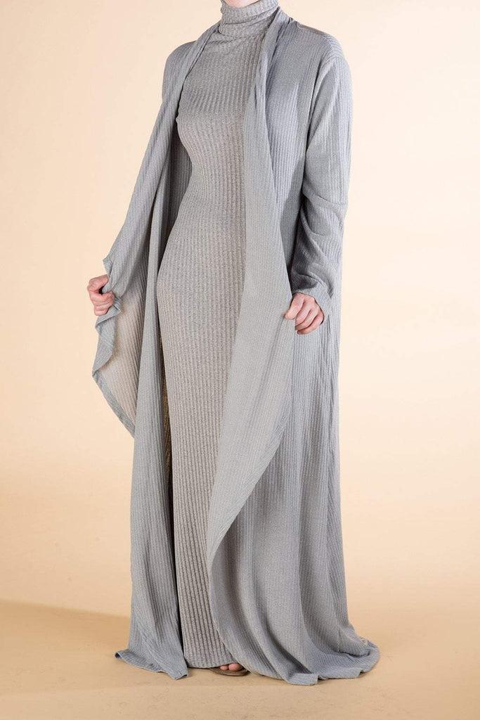 Gray Draped Ribbed Maxi Cardigan Kabayare