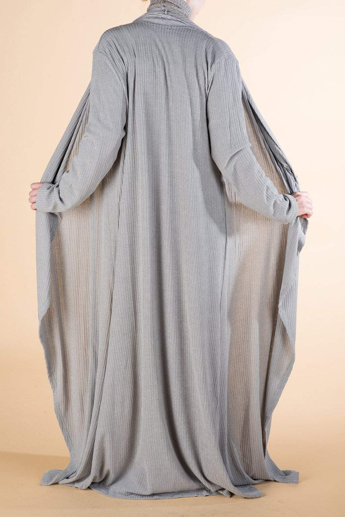 Gray Draped Ribbed Maxi Cardigan Kabayare