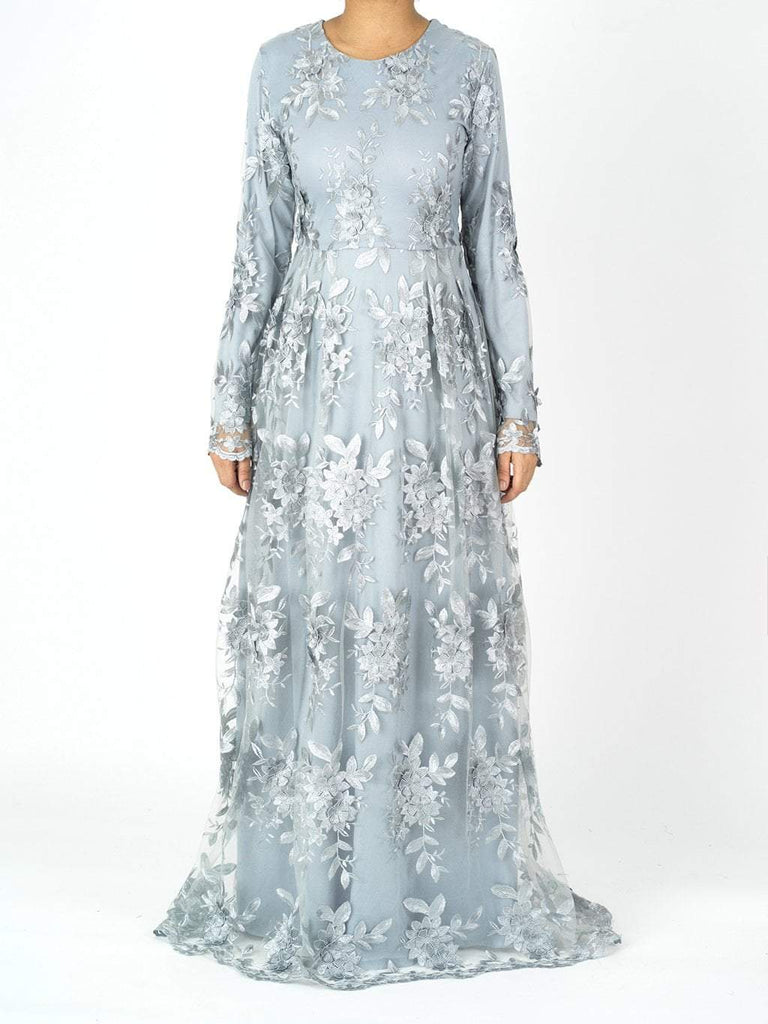 Gray Princess rosettes Modest gown Kabayare