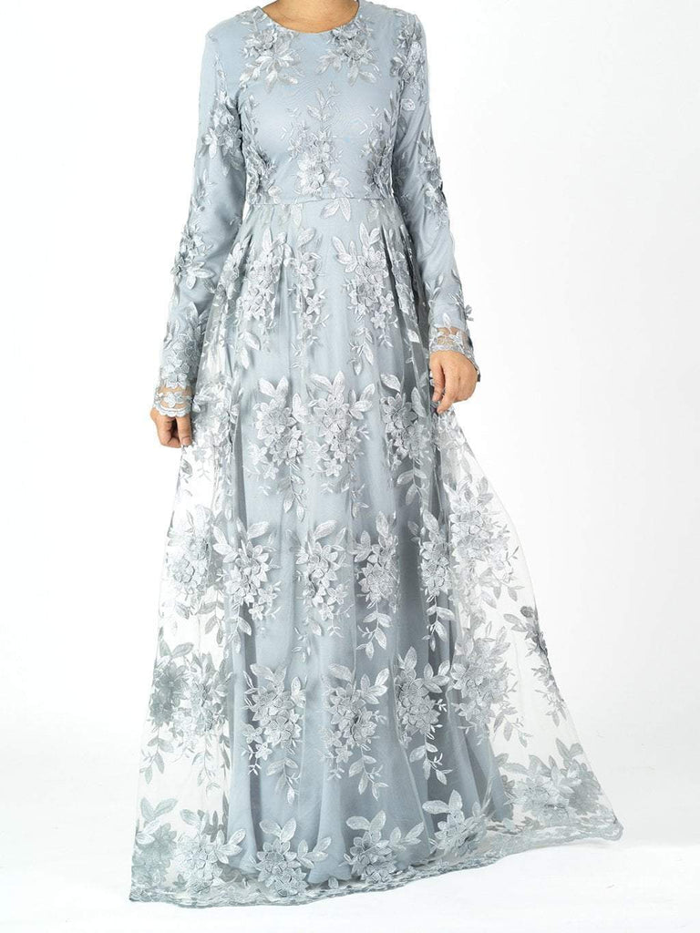 Gray Princess rosettes Modest gown Kabayare