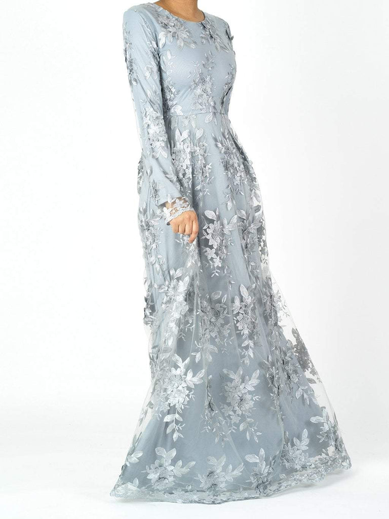 Gray Princess rosettes Modest gown Kabayare
