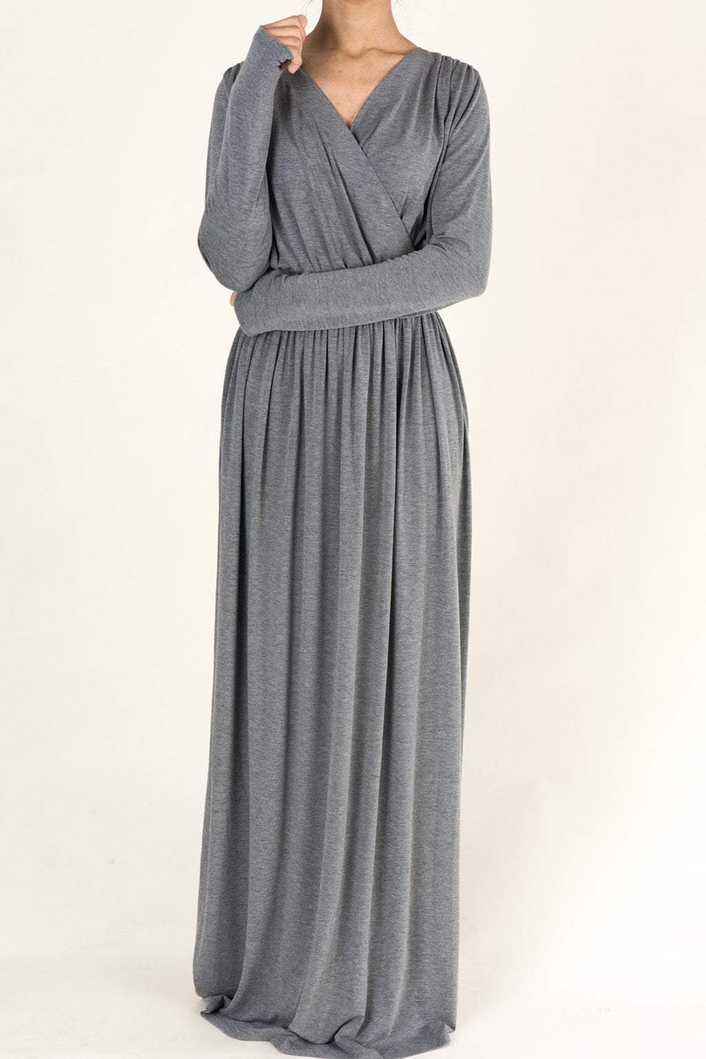 Gray V-Neck Jersey Maxi Dress Kabayare