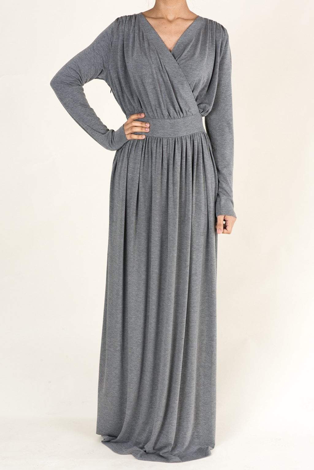 Gray V-Neck Jersey Maxi Dress Kabayare