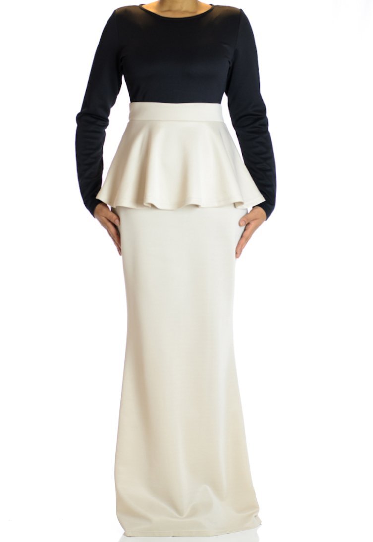 Ivory Two-Tone Peplum Maxi Dress Kabayare