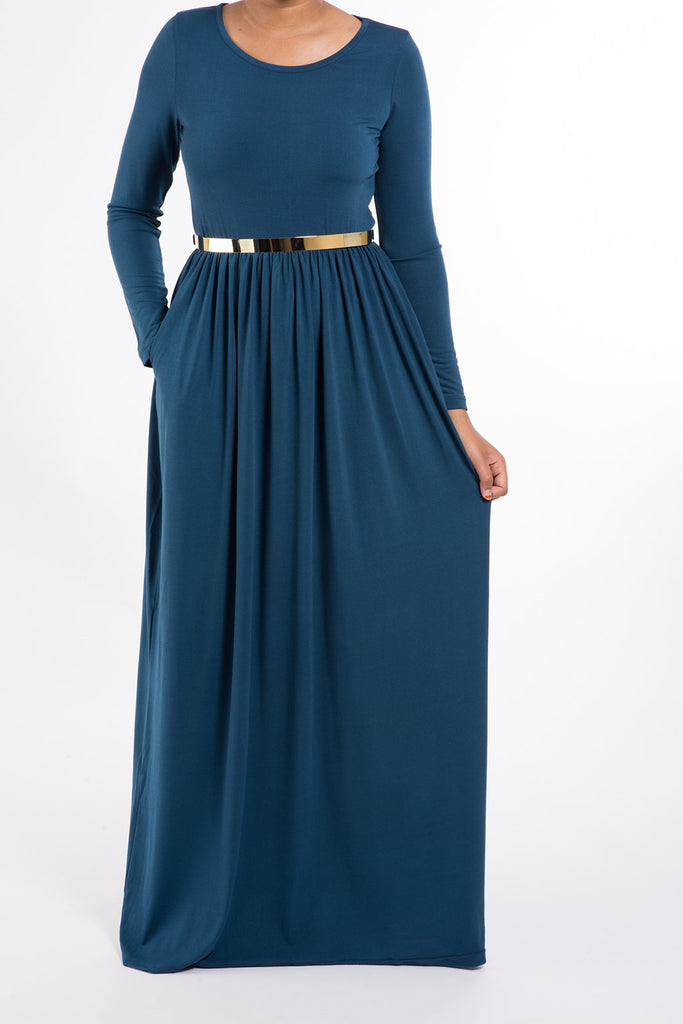 Jazz Blue Milk Silk Maxi Dress / Pockets Kabayare