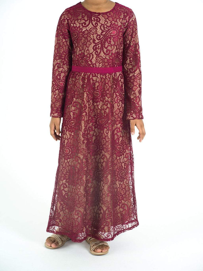 Kids Maroon Lace Floral Fit and Flare Dress Kabayare