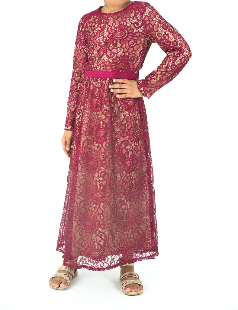 Kids Maroon Lace Floral Fit and Flare Dress Kabayare