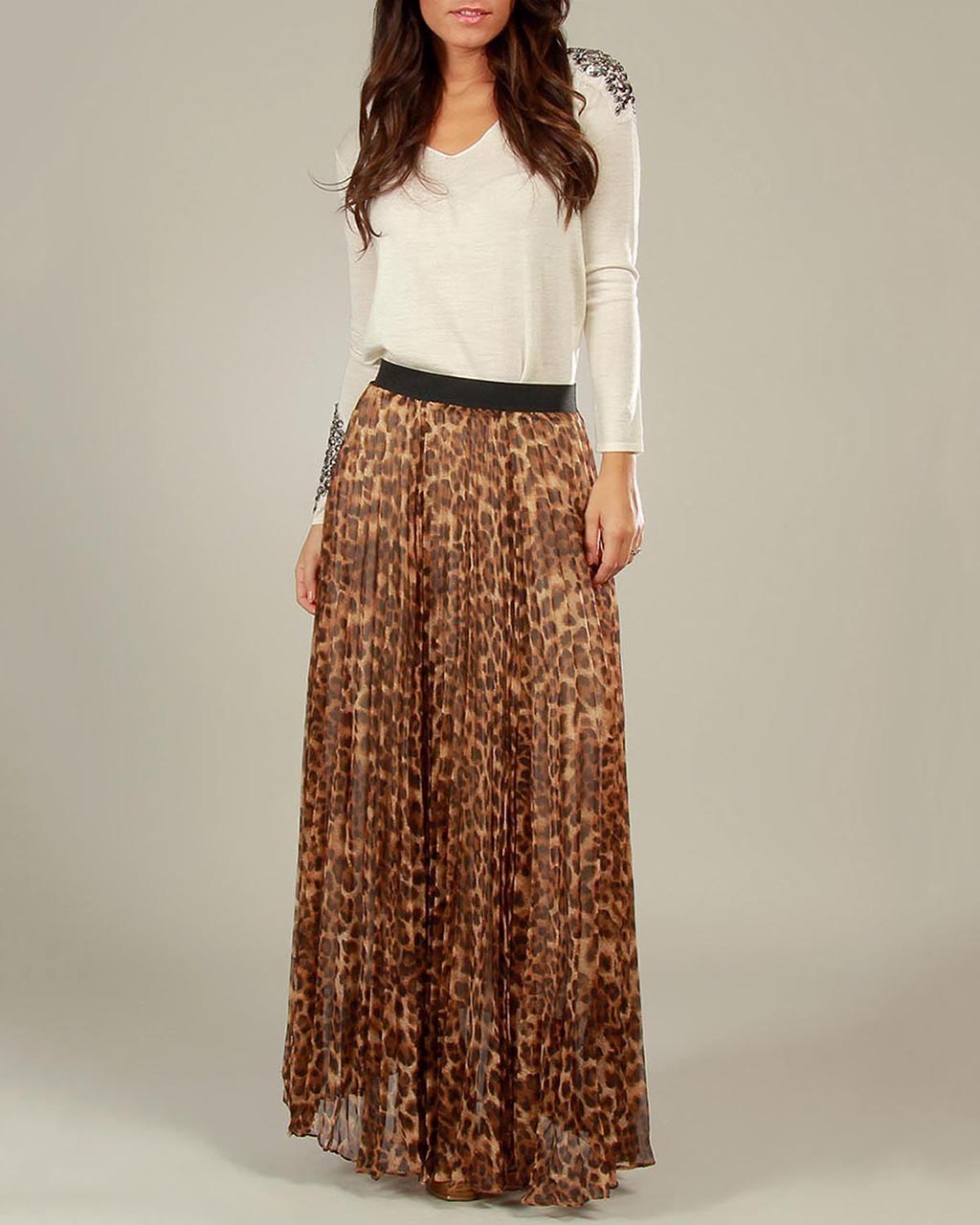 Leopard Print Pleated Maxi Skirt Kabayare