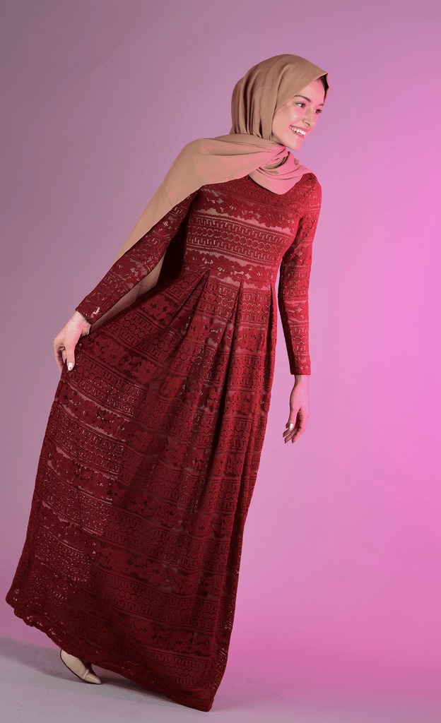Maroon Aztec Lace Maxi Dress Kabayare