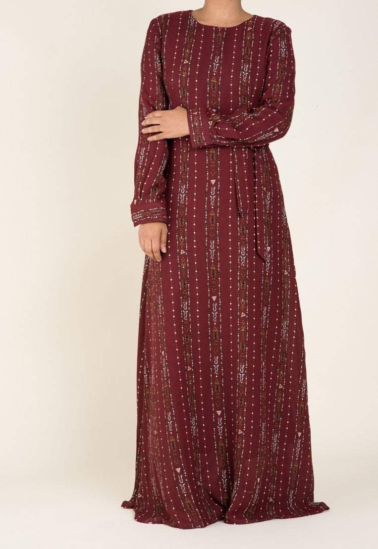 Maroon Boho Print Maxi Dress Kabayare