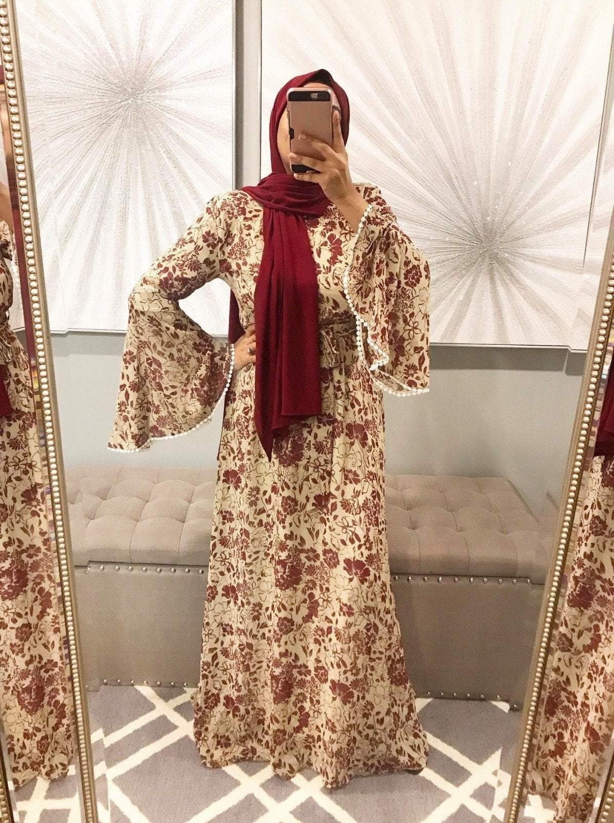 Maroon flourishing bell Sleeve maxi dress Kabayare