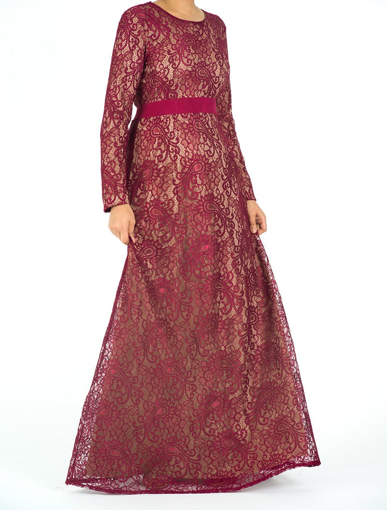 Maroon Lace Floral Fit and Flare Dress Kabayare
