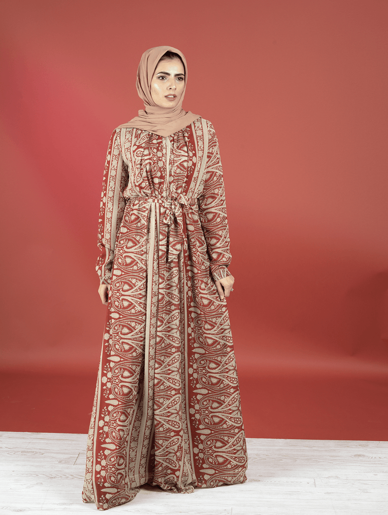 maroon vertical paisley Chiffon Dress Kabayare