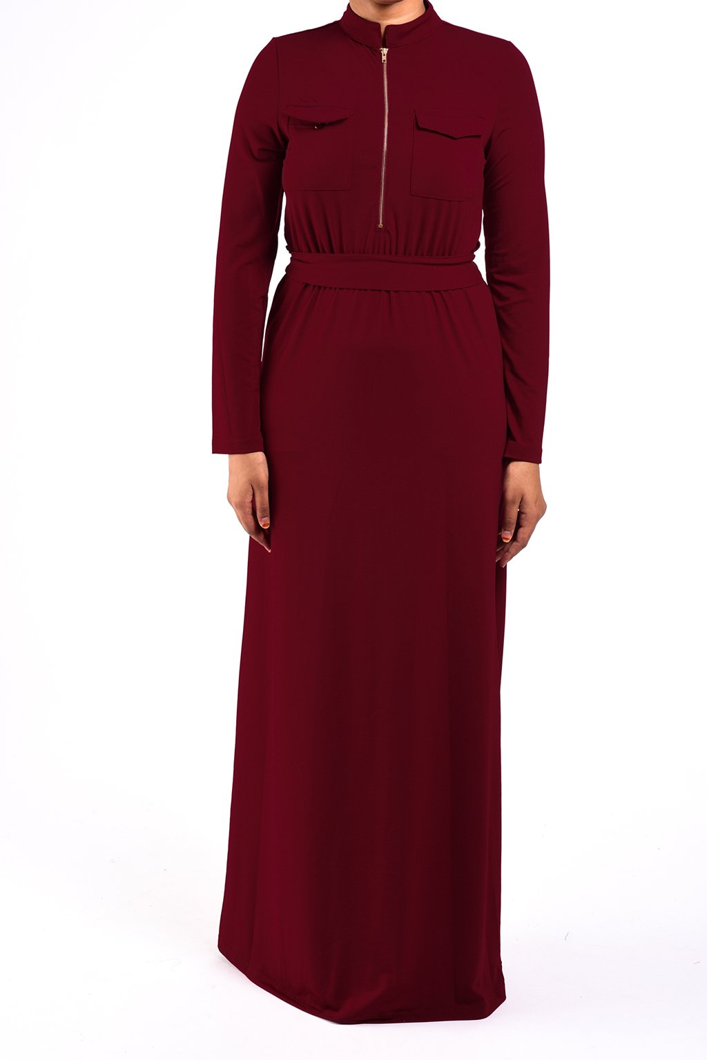 Maroon Zipper Front Maxi Dress Kabayare