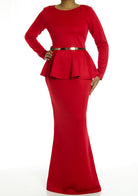 Mellow Red Long Sleeve Peplum Maxi Dress Kabayare