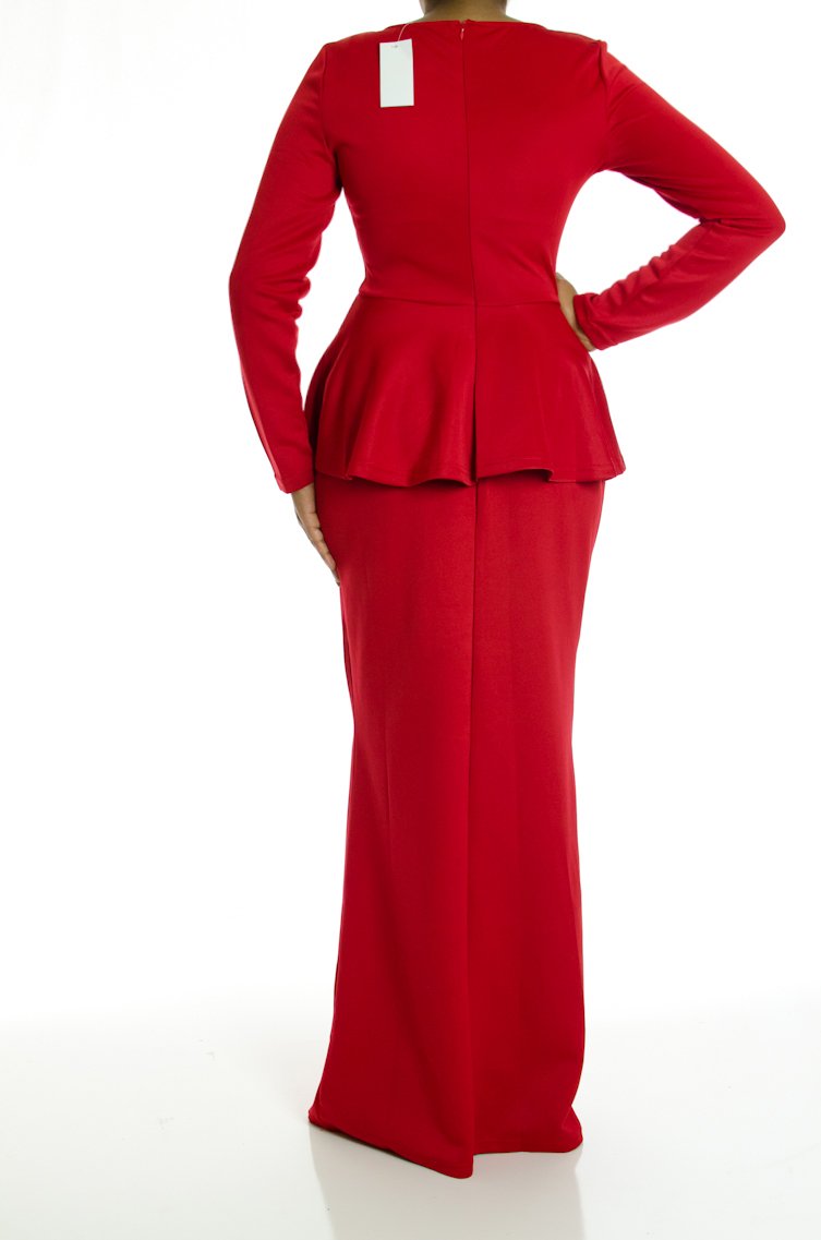 Mellow Red Long Sleeve Peplum Maxi Dress Kabayare