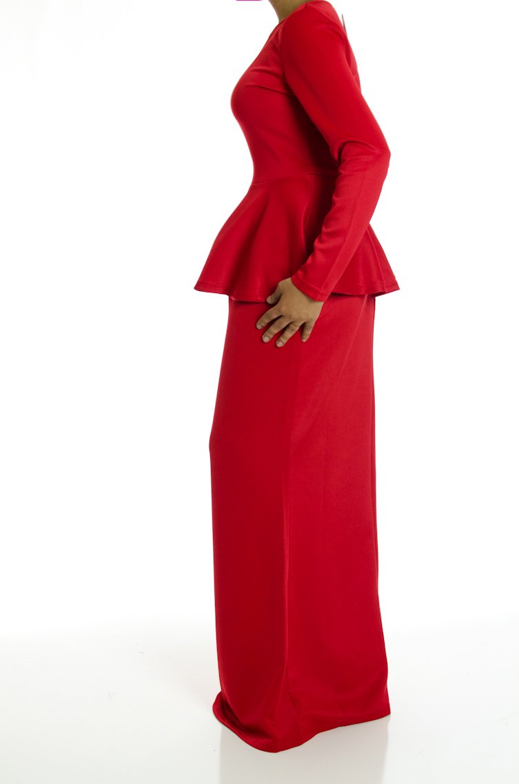 Mellow Red Long Sleeve Peplum Maxi Dress Kabayare