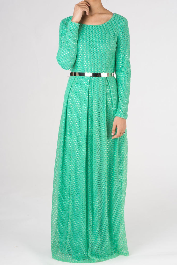 Mint Dots with Golden Pattern Lace Dress Kabayare