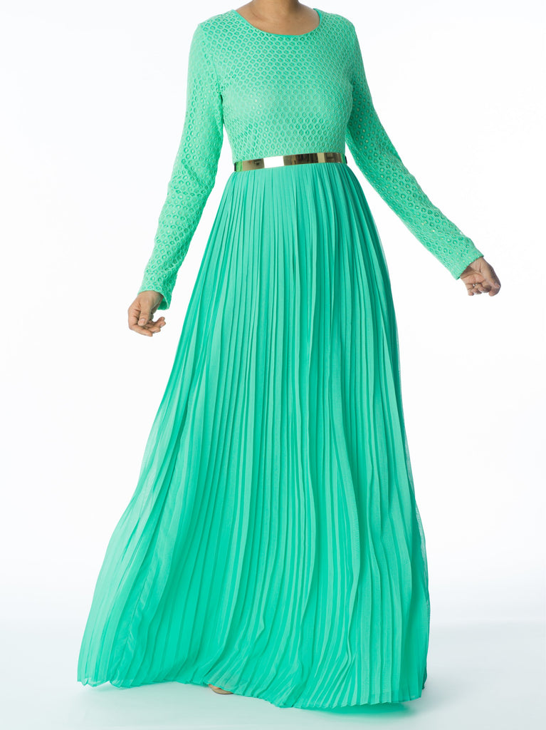 Mint Golden Pleated Maxi Dress Kabayare