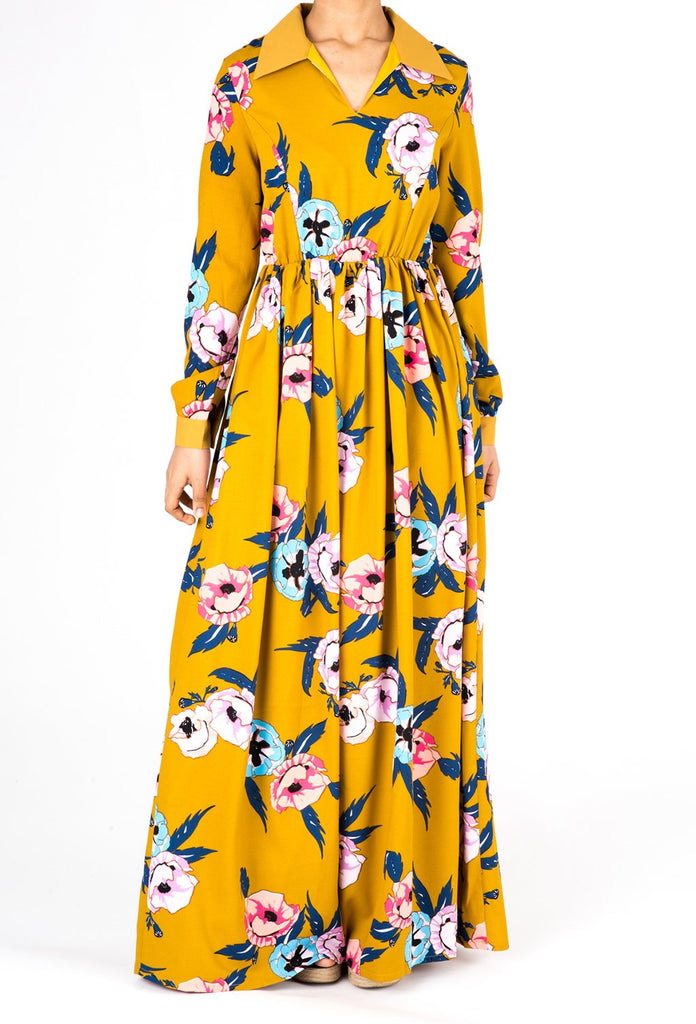 Mustard Yellow Floral Maxi Dress Kabayare