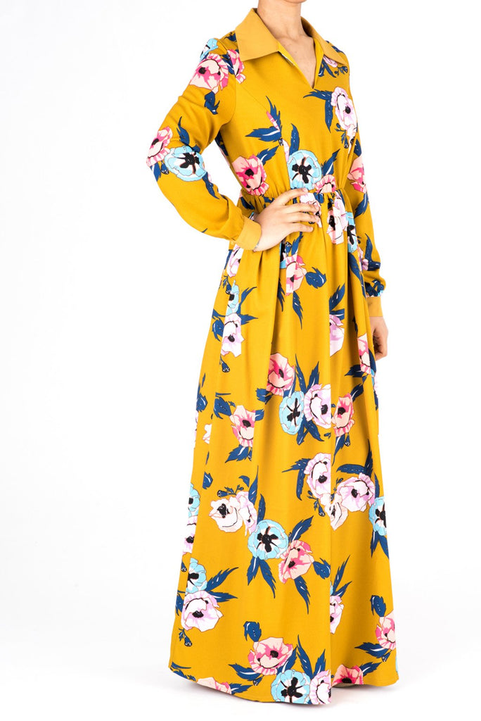 Mustard Yellow Floral Maxi Dress Kabayare