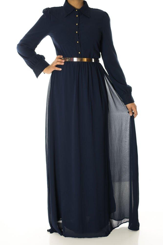 Navy Buttons Chiffon Dress Kabayare