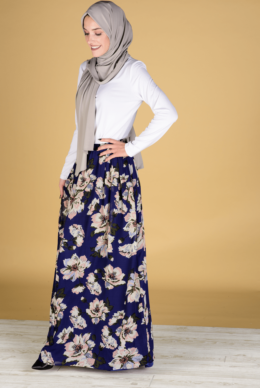 Navy Floral Chiffon Maxi Skirt Kabayare