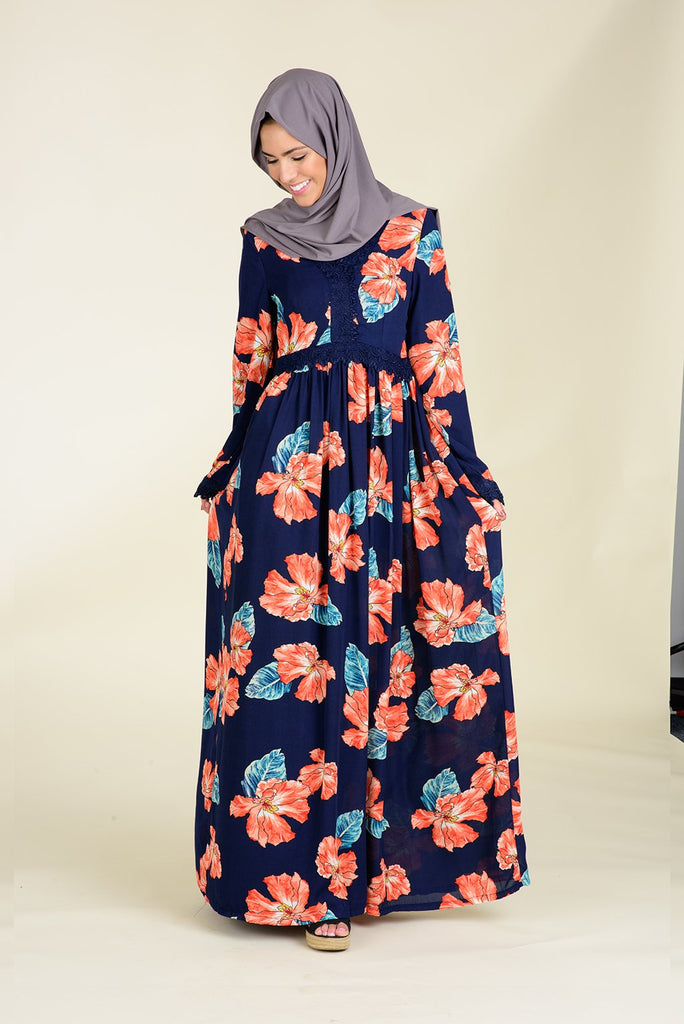 Navy Floral Print Lace-Up Maxi Dress Kabayare