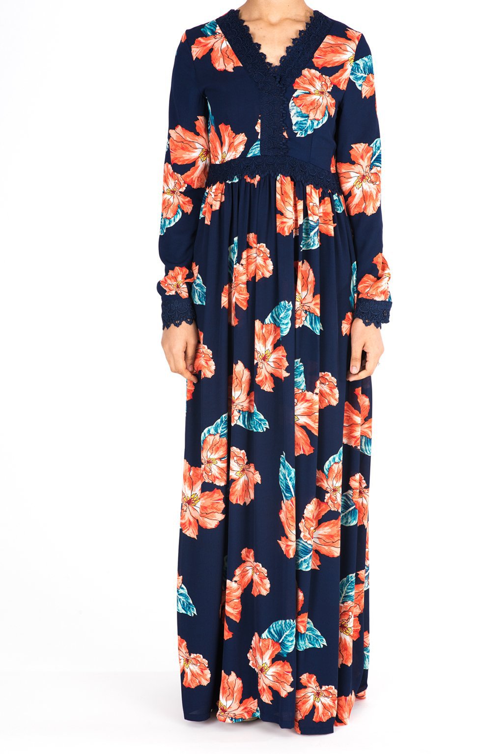 Navy Floral Print Lace-Up Maxi Dress Kabayare