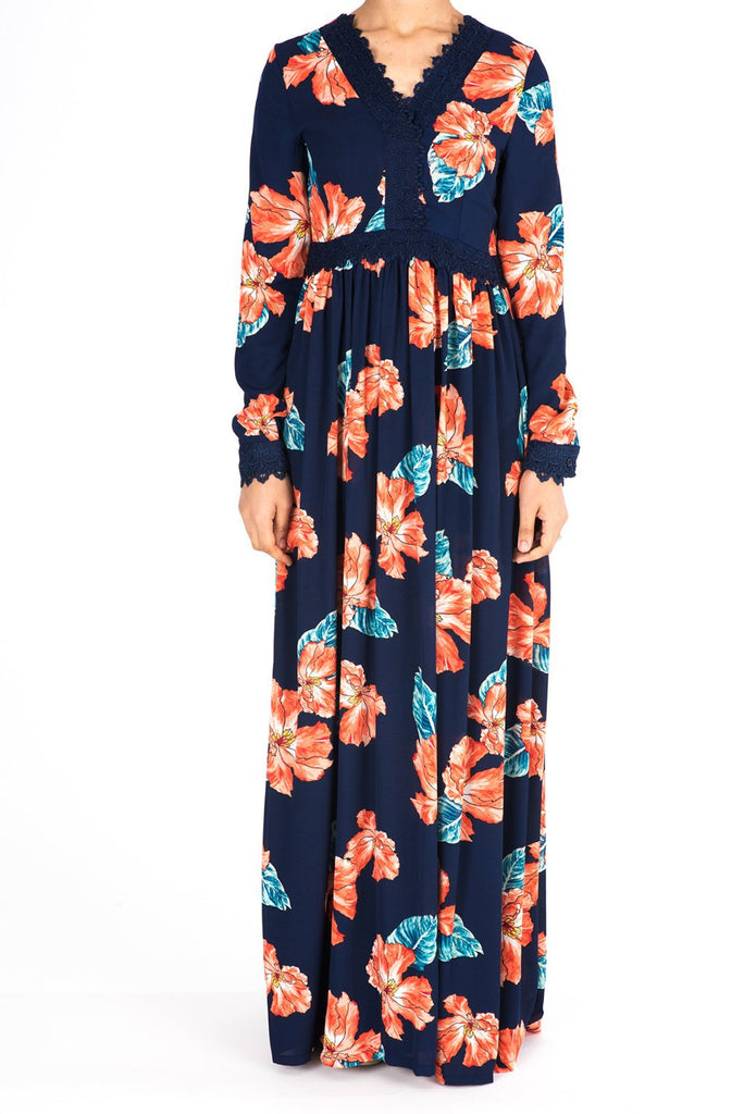 Navy Floral Print Lace-Up Maxi Dress Kabayare