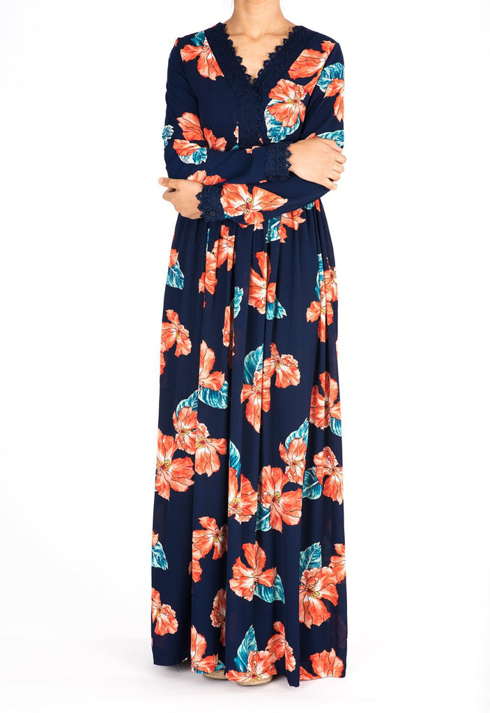 Navy Floral Print Lace-Up Maxi Dress Kabayare