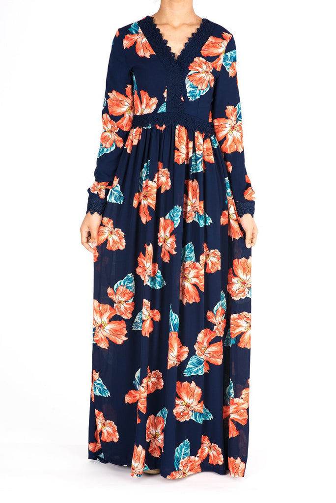 Navy Floral Print Lace-Up Maxi Dress Kabayare