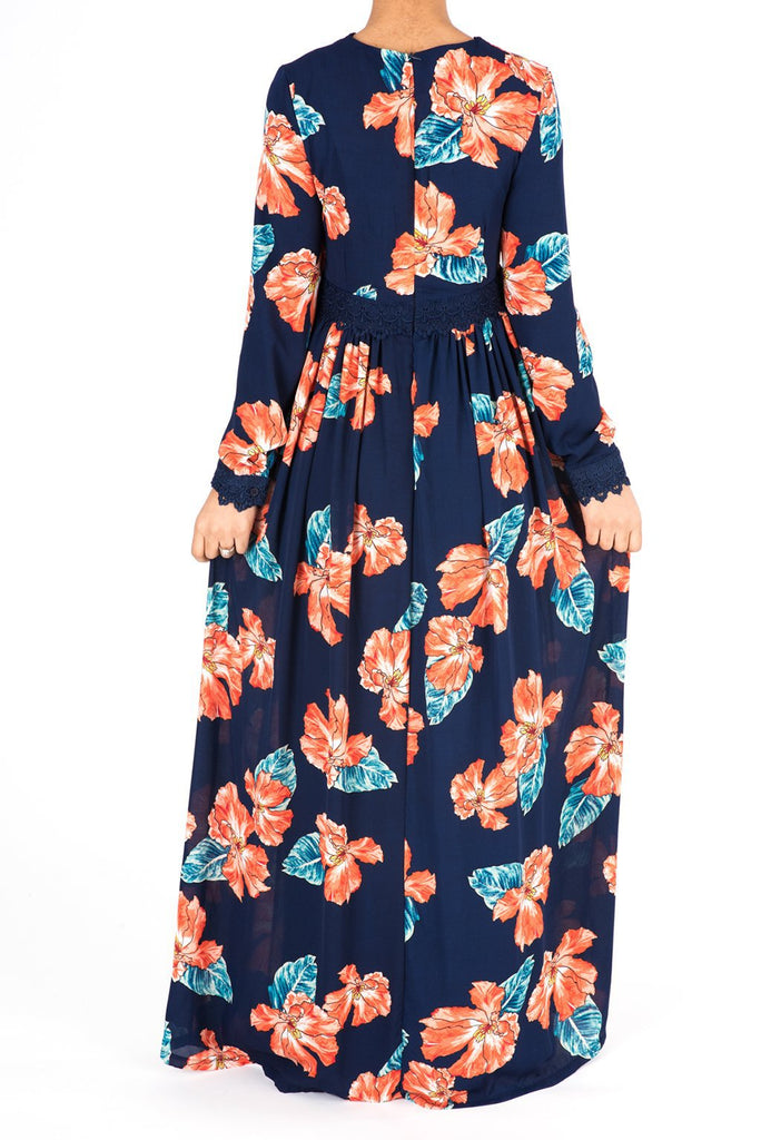 Navy Floral Print Lace-Up Maxi Dress Kabayare