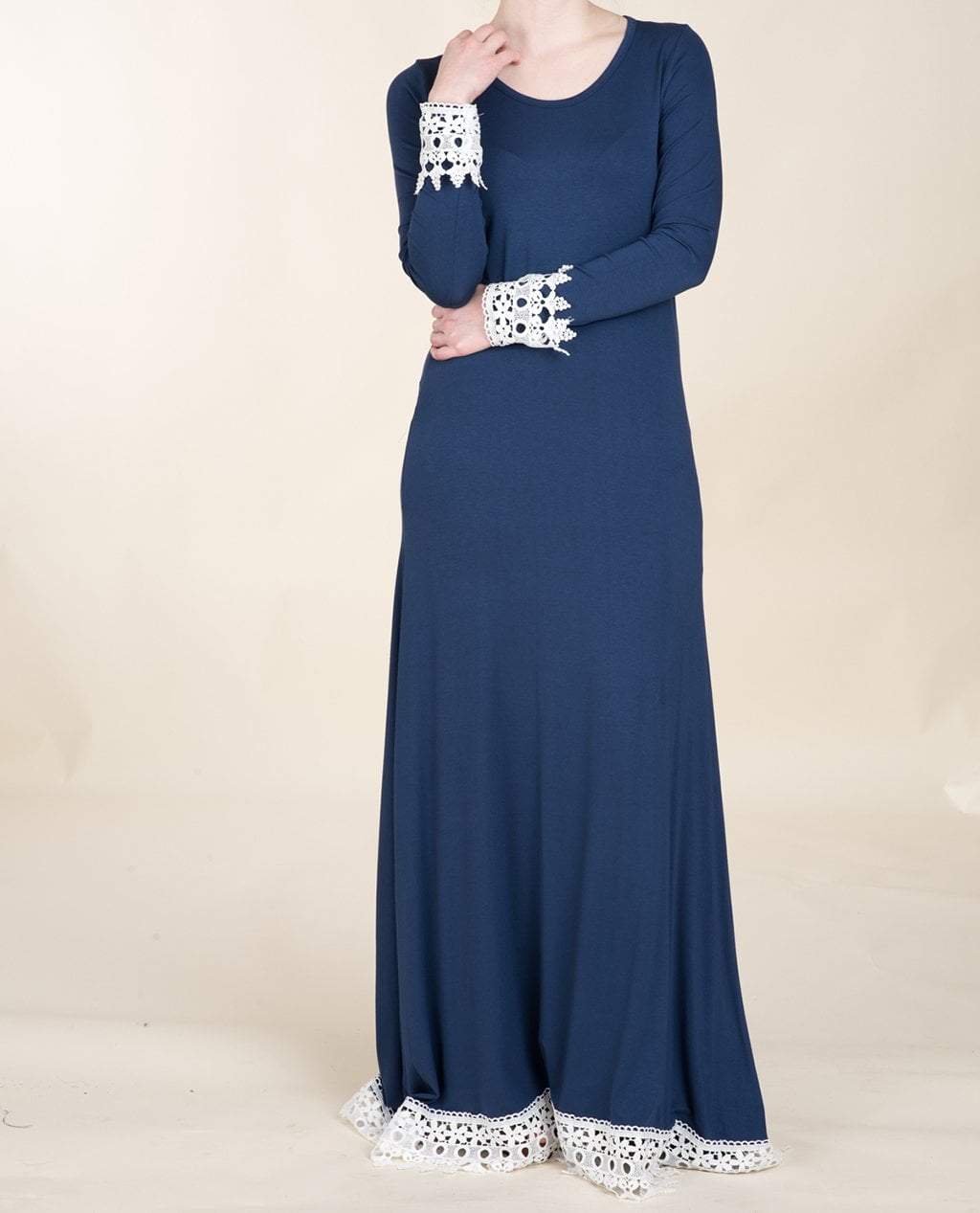 Navy Lace Trim Jersey Dress Kabayare