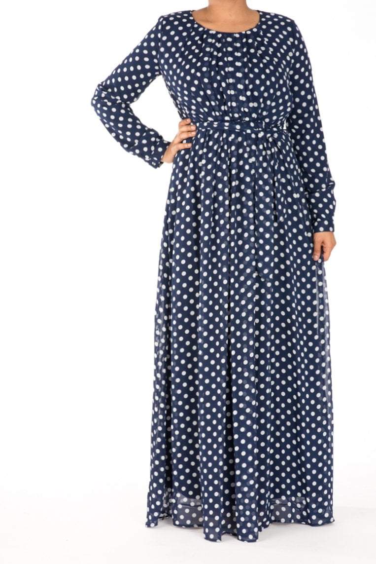 Navy Polka dot chiffon dress Kabayare