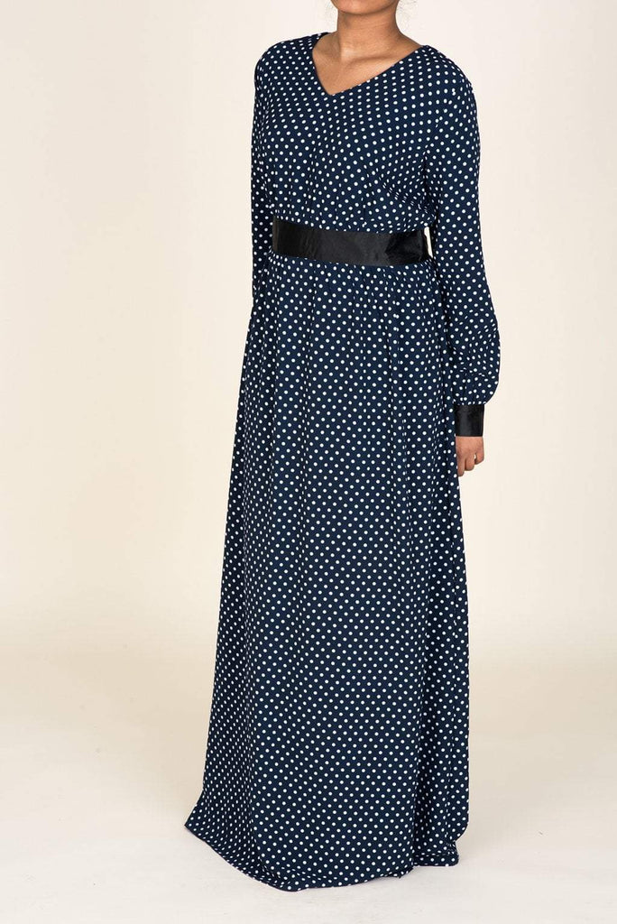 Navy Polka Dot/Satin Touch Dress Kabayare