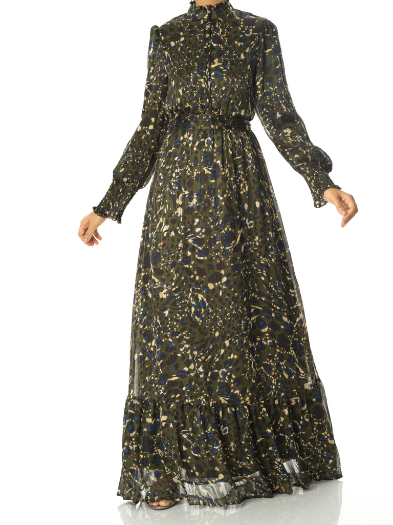 Olive Golden details leopard sleeve maxi dress Kabayare