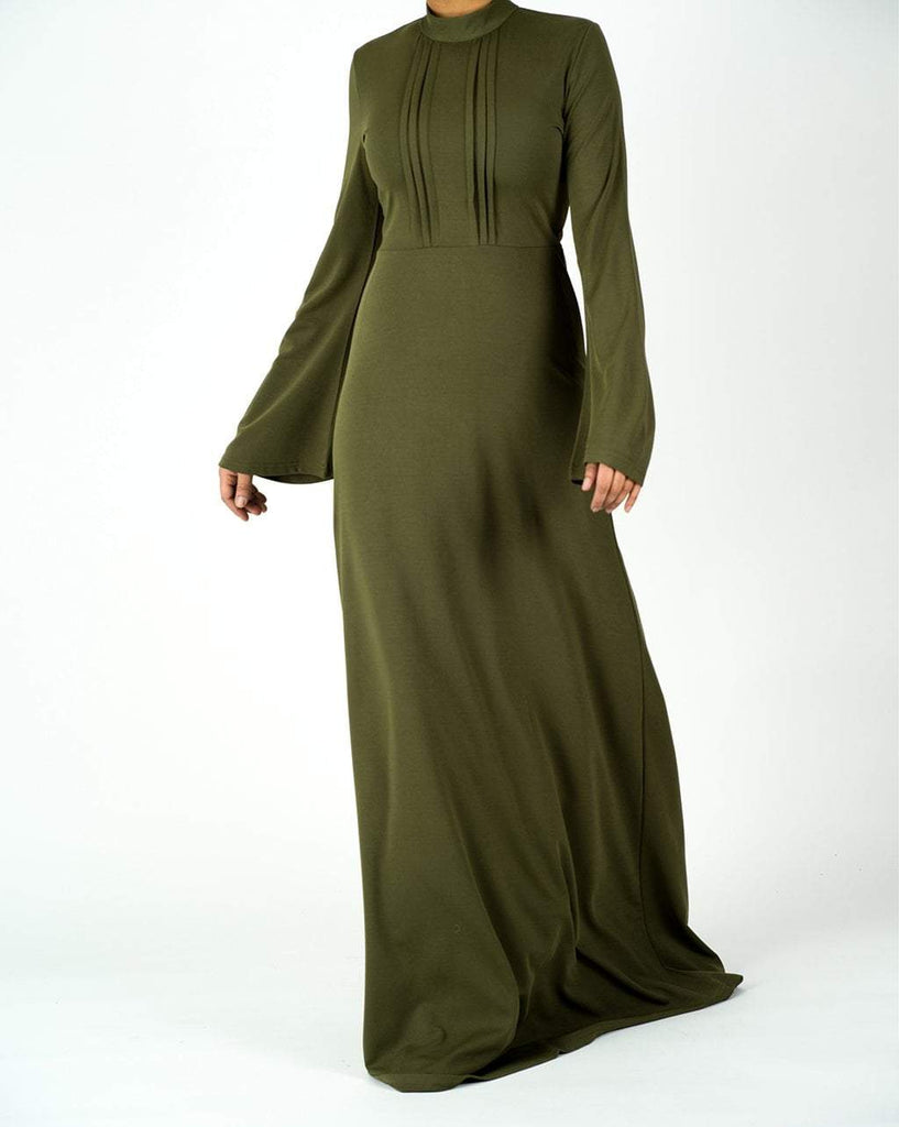 Olive pleats wide sleeve dress Kabayare